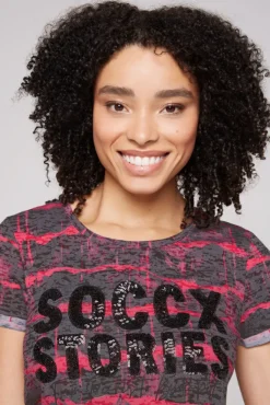 Damen CAMP DAVID & SOCCX Ausbrenner-Shirt mit Pailletten-Logo pinky red