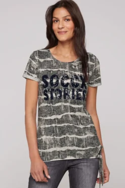 Damen CAMP DAVID & SOCCX Ausbrenner-Shirt mit Pailletten-Logo stone beige