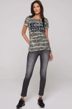 Damen CAMP DAVID & SOCCX Ausbrenner-Shirt mit Pailletten-Logo stone beige
