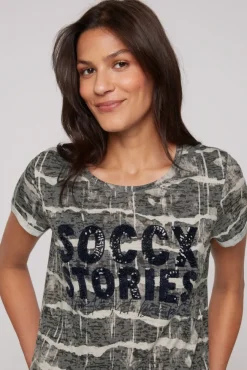 Damen CAMP DAVID & SOCCX Ausbrenner-Shirt mit Pailletten-Logo stone beige