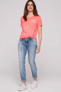 Damen CAMP DAVID & SOCCX Ausbrenner-T-Shirt mit Rücken-Print neon pink