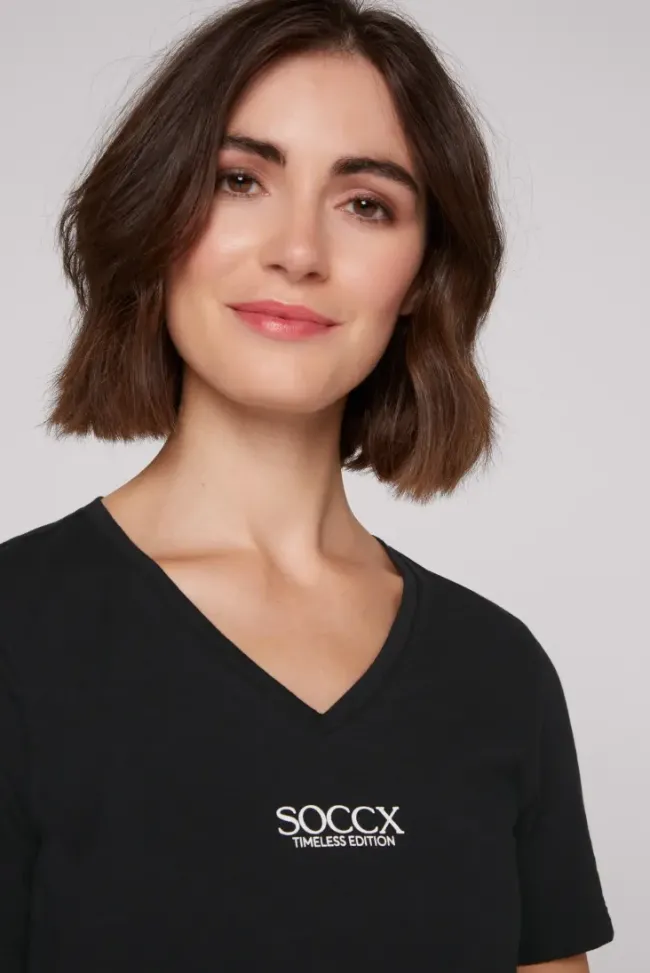 Damen CAMP DAVID & SOCCX Basic T-Shirt mit V-Ausschnitt und Logo