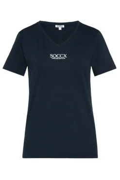 Damen CAMP DAVID & SOCCX Basic T-Shirt mit V-Ausschnitt und Logo blue navy