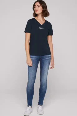 Damen CAMP DAVID & SOCCX Basic T-Shirt mit V-Ausschnitt und Logo blue navy