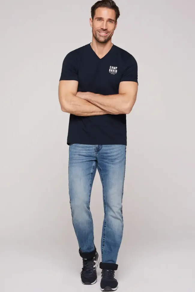 Herren CAMP DAVID & SOCCX Basic T-Shirt V-Neck mit Logo Print blue navy