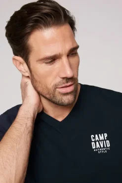 Herren CAMP DAVID & SOCCX Basic T-Shirt V-Neck mit Logo Print blue navy