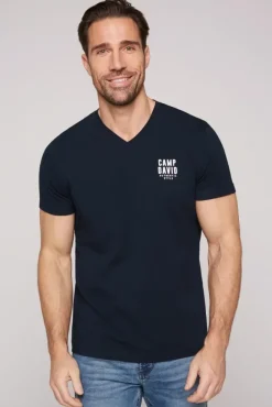 Herren CAMP DAVID & SOCCX Basic T-Shirt V-Neck mit Logo Print blue navy