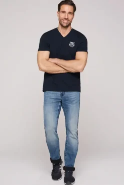 Herren CAMP DAVID & SOCCX Basic T-Shirt V-Neck mit Logo Print blue navy