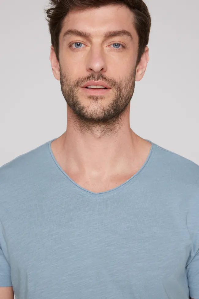 Herren CAMP DAVID & SOCCX Basic T-Shirt V-Neck mit Used-Kante new blue
