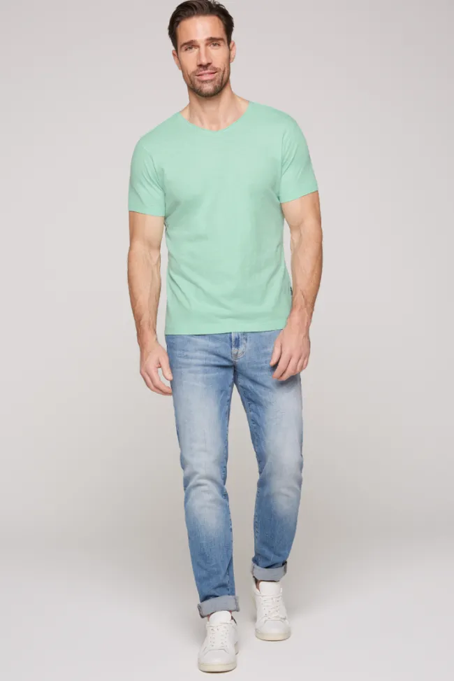 Herren CAMP DAVID & SOCCX Basic T-Shirt V-Neck mit Used-Kante sun aqua