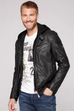 Herren CAMP DAVID & SOCCX Bikerjacke aus Leder mit Kapuzeneinsatz