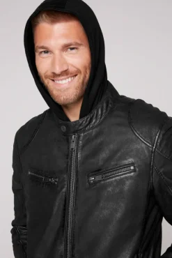 Herren CAMP DAVID & SOCCX Bikerjacke aus Leder mit Kapuzeneinsatz