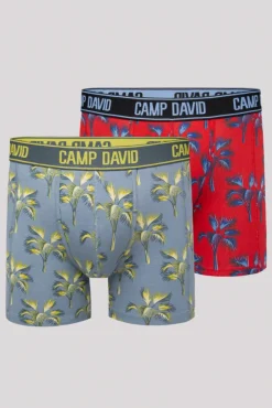Herren CAMP DAVID & SOCCX Boxershorts mit All Over Print, 2er-Pack surf grey / red