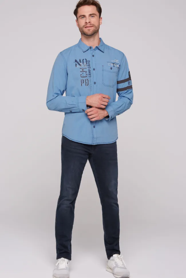 Herren CAMP DAVID & SOCCX Fil à Fil Langarmhemd mit Label-Applikationen strong blue