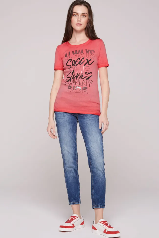 Damen CAMP DAVID & SOCCX Geripptes T-Shirt mit Artwork red orange