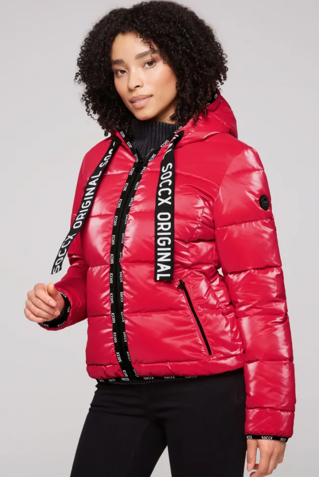 Damen CAMP DAVID & SOCCX Glänzende Steppjacke mit Samt-Optik clear red
