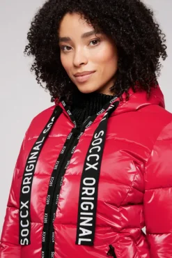 Damen CAMP DAVID & SOCCX Glänzende Steppjacke mit Samt-Optik clear red