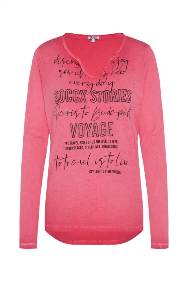 Damen CAMP DAVID & SOCCX Henley-Shirt mit Wording Glitter Print pinky red