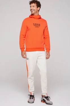 Herren CAMP DAVID & SOCCX Hoodie im Materialmix mit Artwork und Rückentasche signal orange