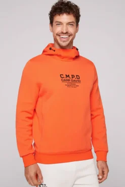 Herren CAMP DAVID & SOCCX Hoodie im Materialmix mit Artwork und Rückentasche signal orange