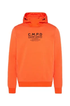 Herren CAMP DAVID & SOCCX Hoodie im Materialmix mit Artwork und Rückentasche signal orange