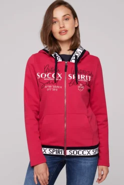 Damen CAMP DAVID & SOCCX Kapuzensweatjacke mit Intarsia-Logo-Details clear red
