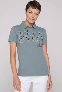 Damen CAMP DAVID & SOCCX Kurzarmpolo aus Pikee mit Logo Print grey green
