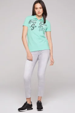 Damen CAMP DAVID & SOCCX Kurzarmpolo mit Print und Pailletten neo aqua