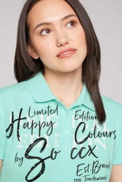Damen CAMP DAVID & SOCCX Kurzarmpolo mit Print und Pailletten neo aqua