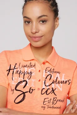 Damen CAMP DAVID & SOCCX Kurzarmpolo mit Print und Pailletten neon orange