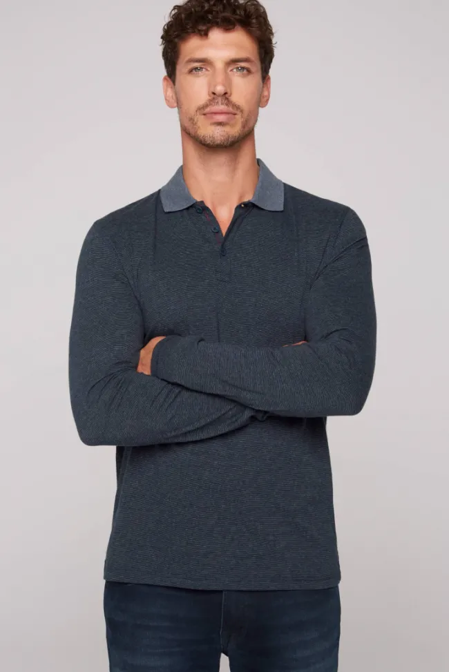 Herren CAMP DAVID & SOCCX Langarmpolo mit feinem Streifen-Dessin blue navy