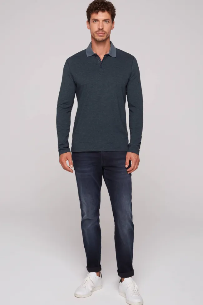 Herren CAMP DAVID & SOCCX Langarmpolo mit feinem Streifen-Dessin blue navy