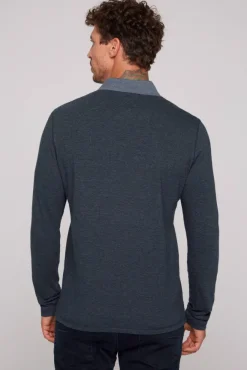 Herren CAMP DAVID & SOCCX Langarmpolo mit feinem Streifen-Dessin blue navy