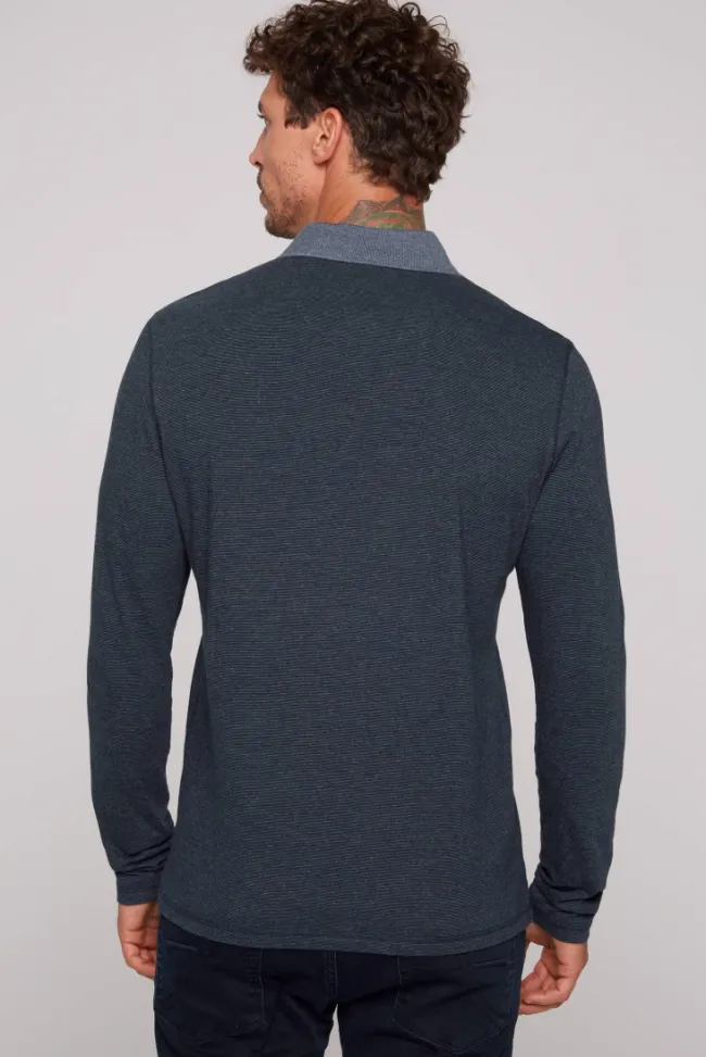 Herren CAMP DAVID & SOCCX Langarmpolo mit feinem Streifen-Dessin blue navy