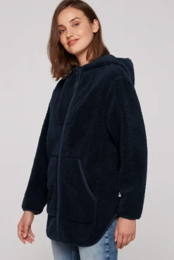 Damen CAMP DAVID & SOCCX Lange Kapuzenjacke aus Teddyplüsch blue navy