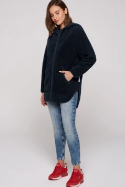 Damen CAMP DAVID & SOCCX Lange Kapuzenjacke aus Teddyplüsch blue navy