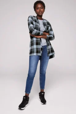 Damen CAMP DAVID & SOCCX Lange Karobluse aus Flanell cozy blue