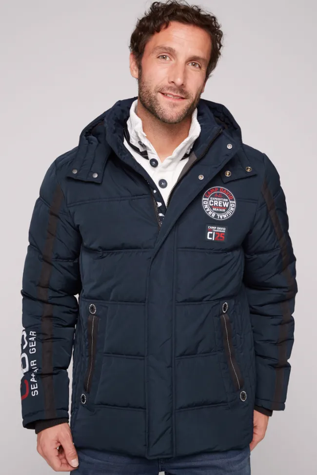 Herren CAMP DAVID & SOCCX Lange Steppjacke mit Kapuze und Rücken-Artwork blue navy