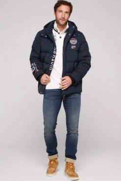 Herren CAMP DAVID & SOCCX Lange Steppjacke mit Kapuze und Rücken-Artwork blue navy