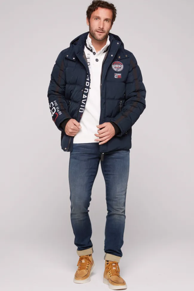 Herren CAMP DAVID & SOCCX Lange Steppjacke mit Kapuze und Rücken-Artwork blue navy
