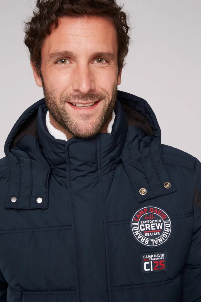 Herren CAMP DAVID & SOCCX Lange Steppjacke mit Kapuze und Rücken-Artwork blue navy