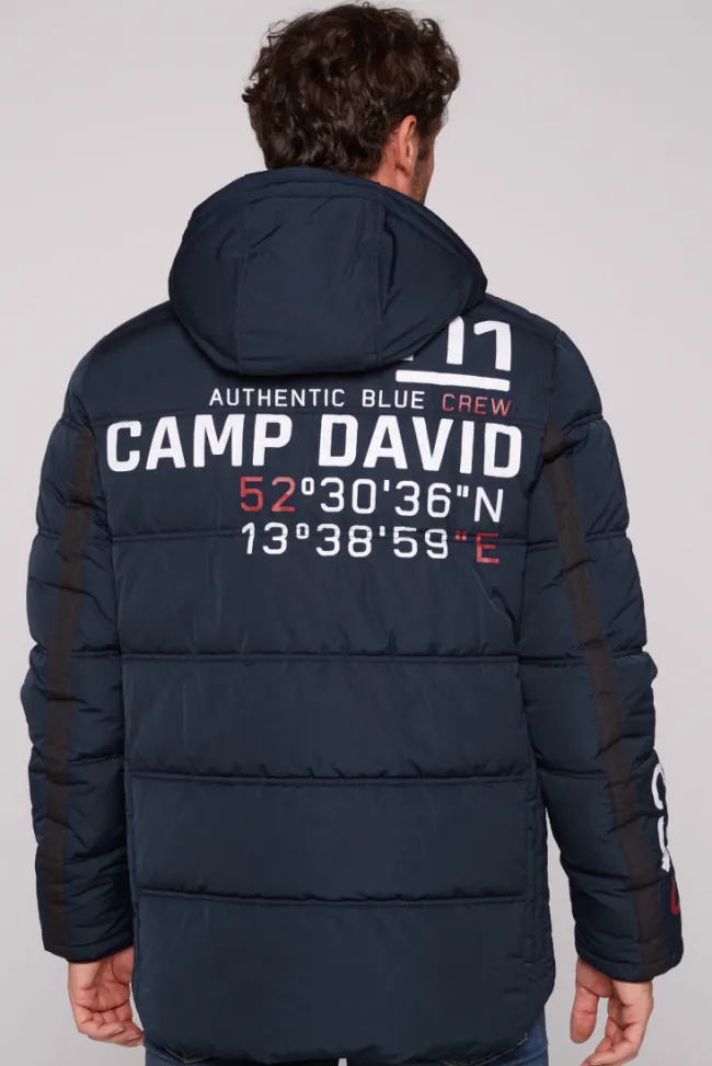 Herren CAMP DAVID & SOCCX Lange Steppjacke mit Kapuze und Rücken-Artwork blue navy