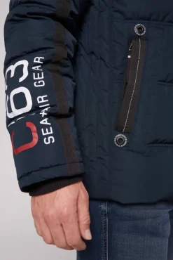 Herren CAMP DAVID & SOCCX Lange Steppjacke mit Kapuze und Rücken-Artwork blue navy