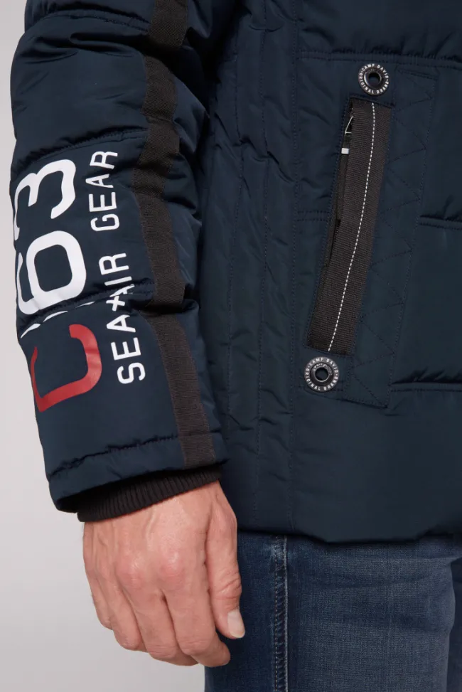 Herren CAMP DAVID & SOCCX Lange Steppjacke mit Kapuze und Rücken-Artwork blue navy