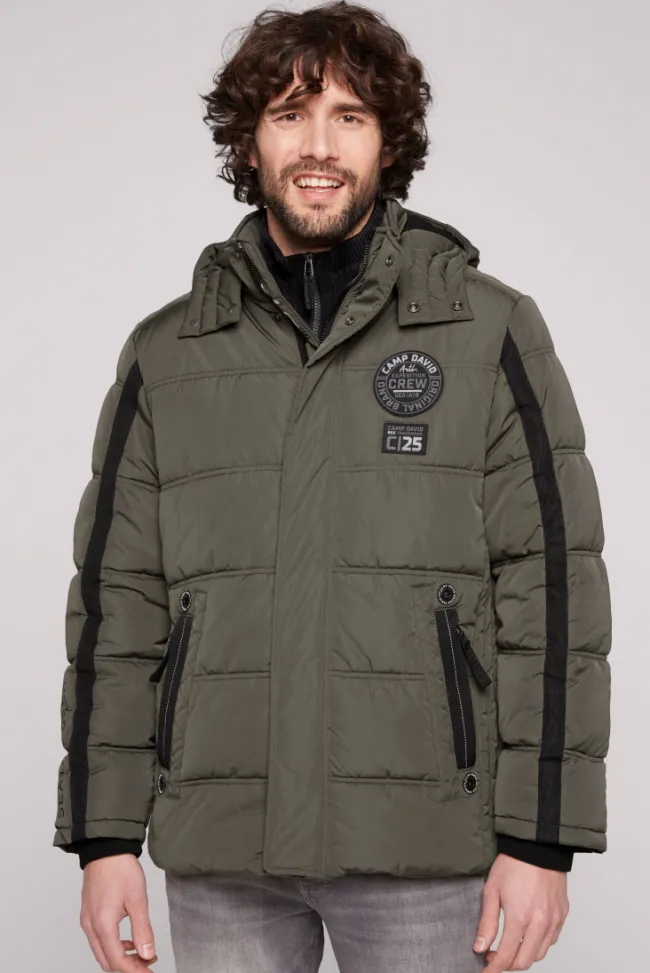 Herren CAMP DAVID & SOCCX Lange Steppjacke mit Kapuze und Rücken-Artwork medium khaki