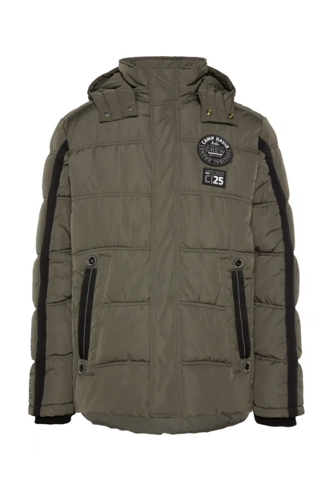 Herren CAMP DAVID & SOCCX Lange Steppjacke mit Kapuze und Rücken-Artwork medium khaki