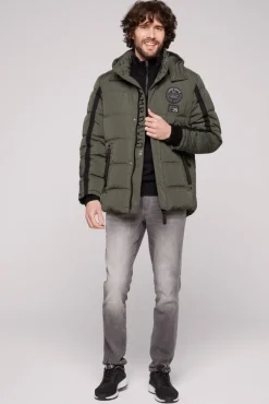 Herren CAMP DAVID & SOCCX Lange Steppjacke mit Kapuze und Rücken-Artwork medium khaki