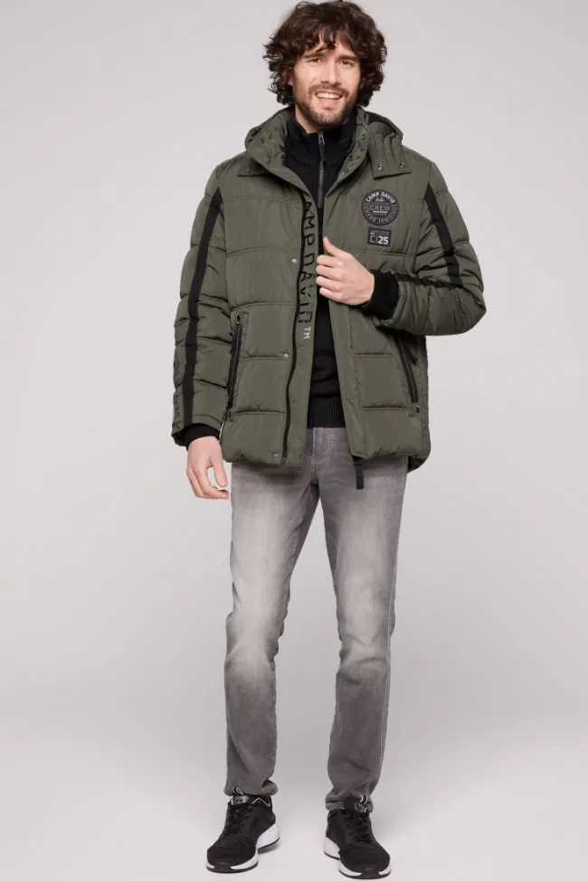 Herren CAMP DAVID & SOCCX Lange Steppjacke mit Kapuze und Rücken-Artwork medium khaki