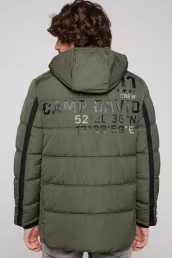Herren CAMP DAVID & SOCCX Lange Steppjacke mit Kapuze und Rücken-Artwork medium khaki