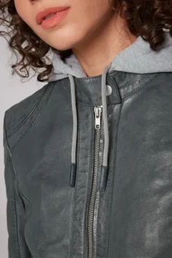 Damen CAMP DAVID & SOCCX Lederjacke im Biker-Stil mit Kapuzeneinsatz dark green